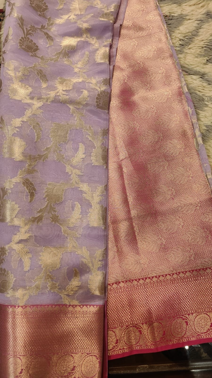 Banarasi organza silk saree with golden zari Jal work and pink pallu