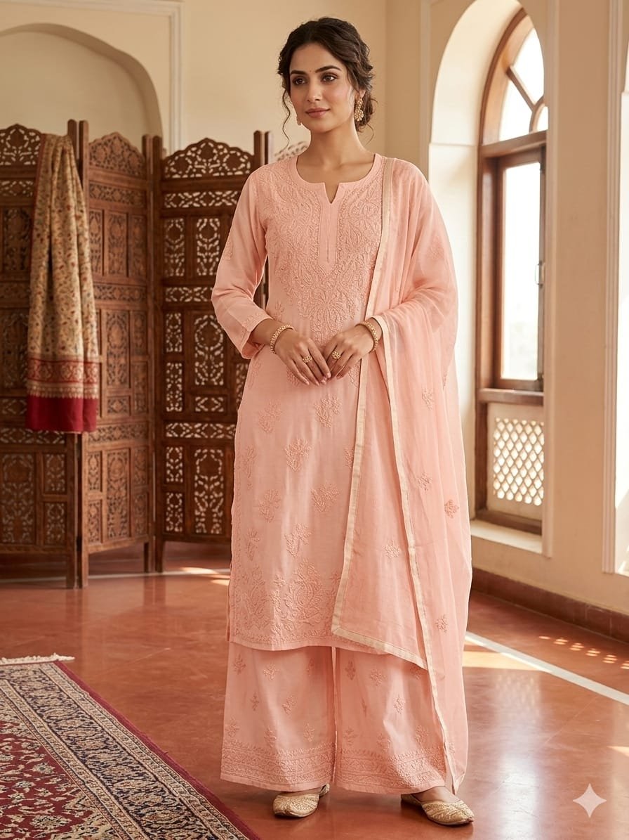 Mul cotton chikankari plazzo set Red colour printed base