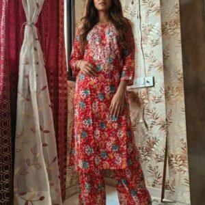 Mul cotton chikankari plazzo set Red colour printed base