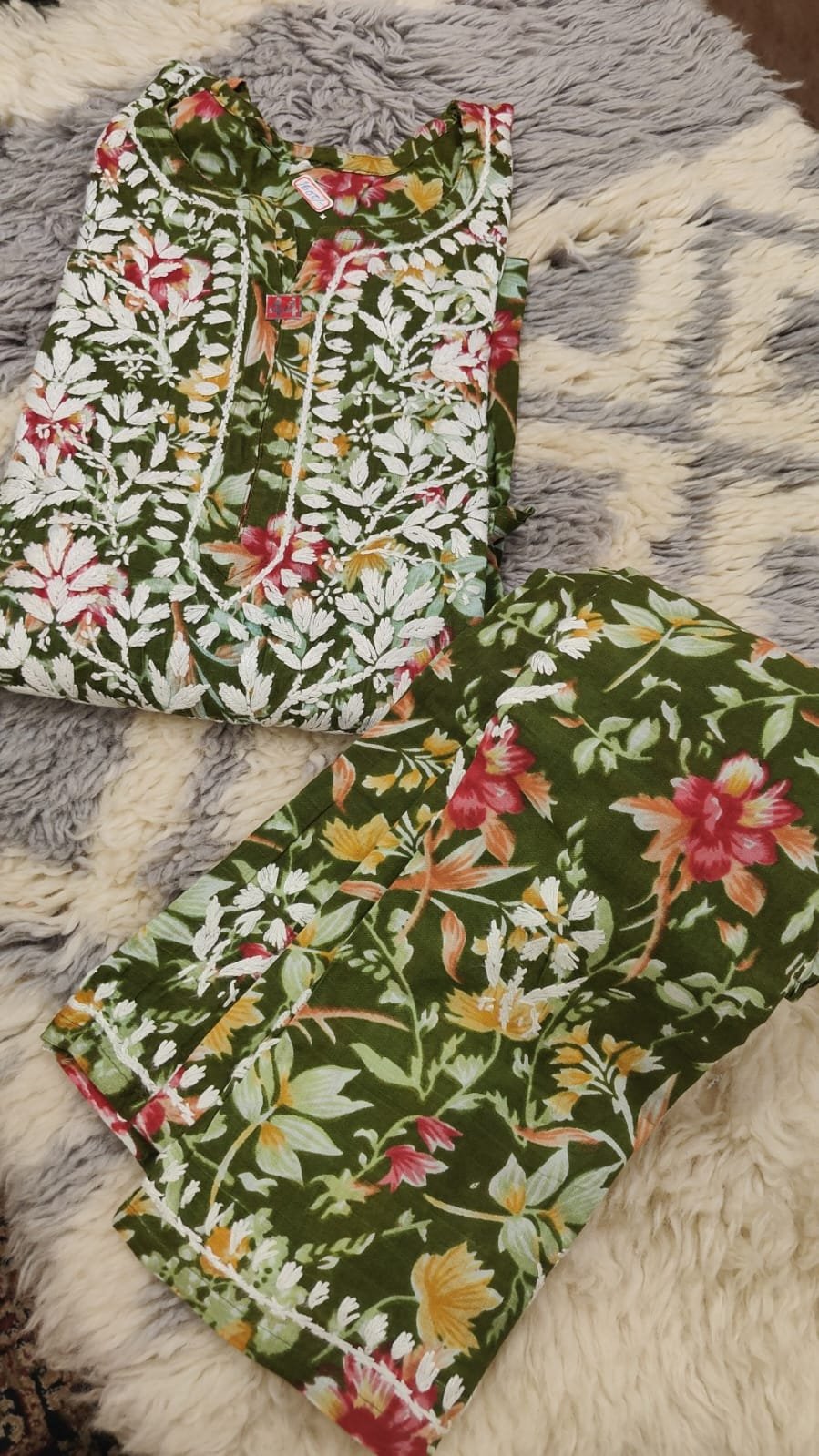 Mul cotton chikankari plazzo set with green base