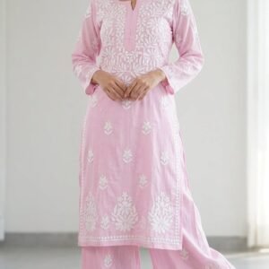 Chikankari rayon plazzo set pink colour