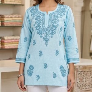 Short mul chikankari kurti blue colour