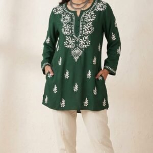 Chikankari short green Rayon kurti